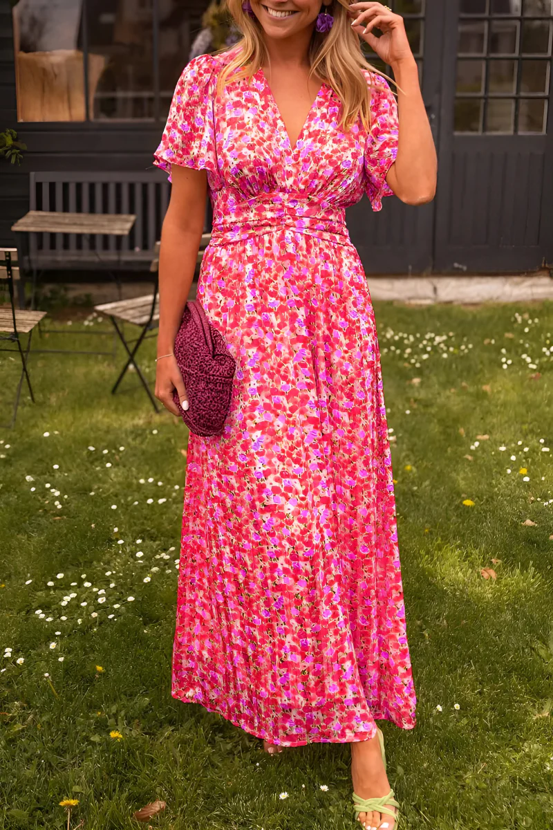 Lange Damenkleid | Buntes Blumenmuster | Tailliert &amp; Fließender Schnitt Sommer