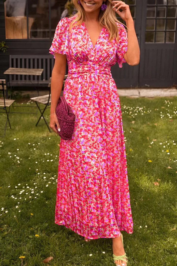 Lange Damenkleid | Buntes Blumenmuster | Tailliert &amp; Fließender Schnitt Sommer
