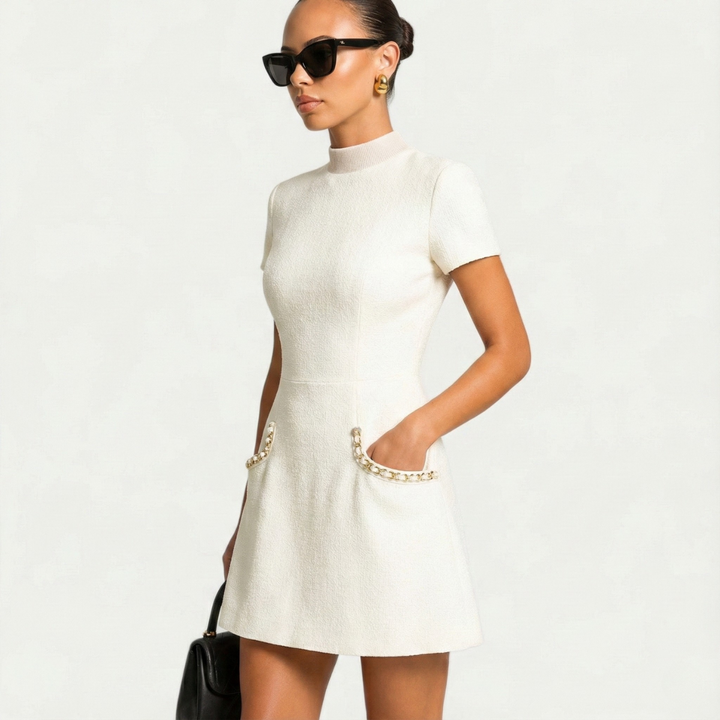 Damen Cocktail Mini Kleid | Perlenbesatz Tasche