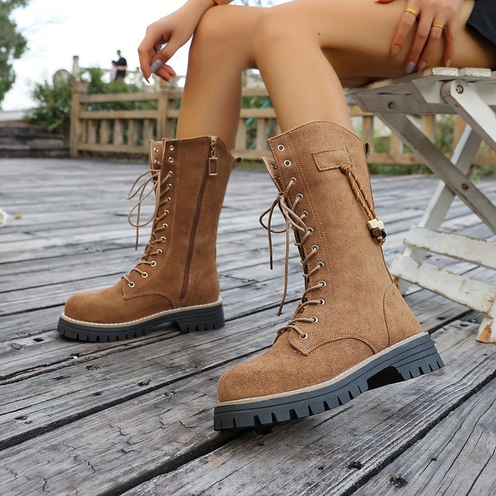 Damen Schnürstiefeletten knöchelhoch mit Profilsohle und Reißverschluss, braun