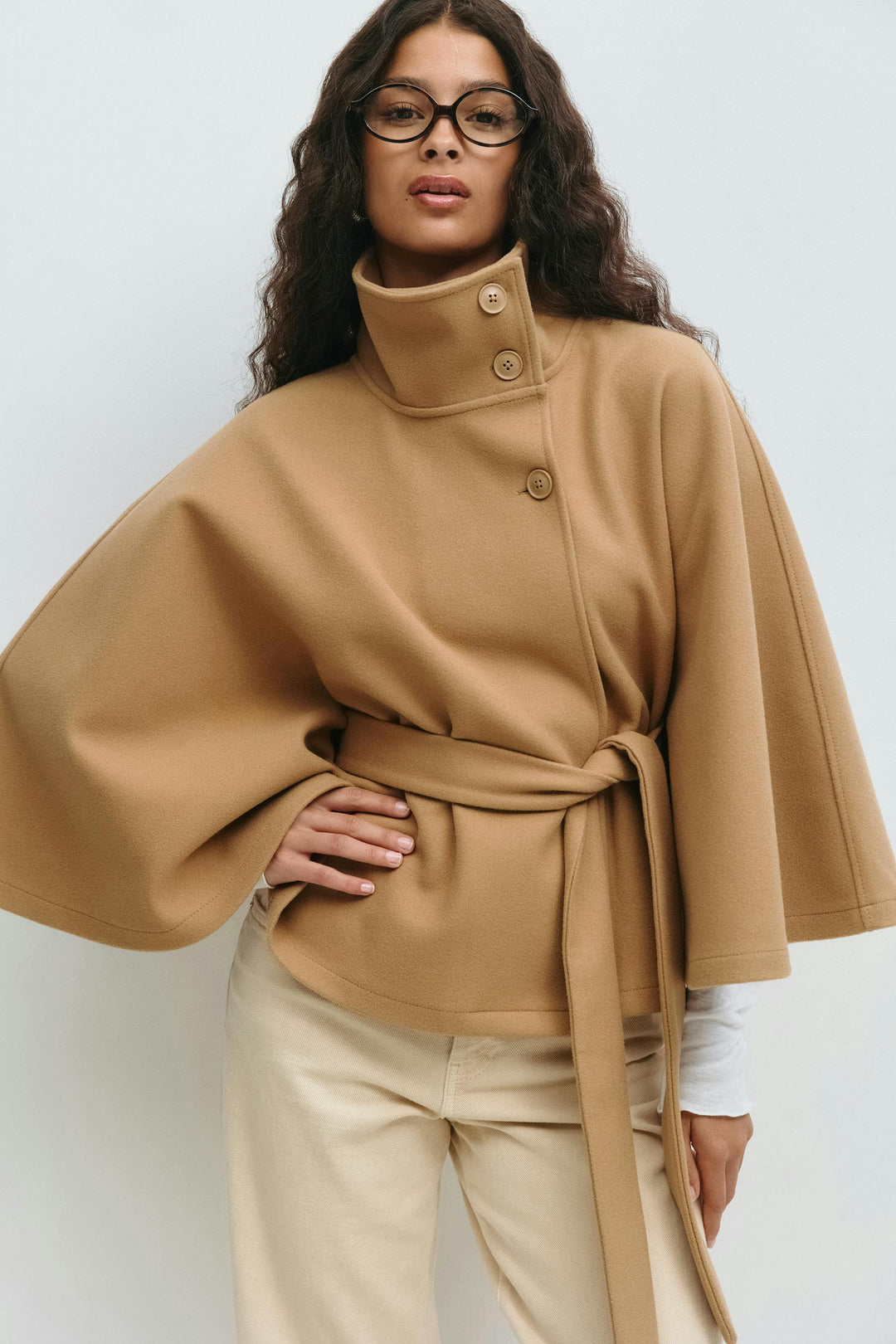 Cape Jas Damen Regular Fit Hoher Kragen Schleifen Gürtel Winter