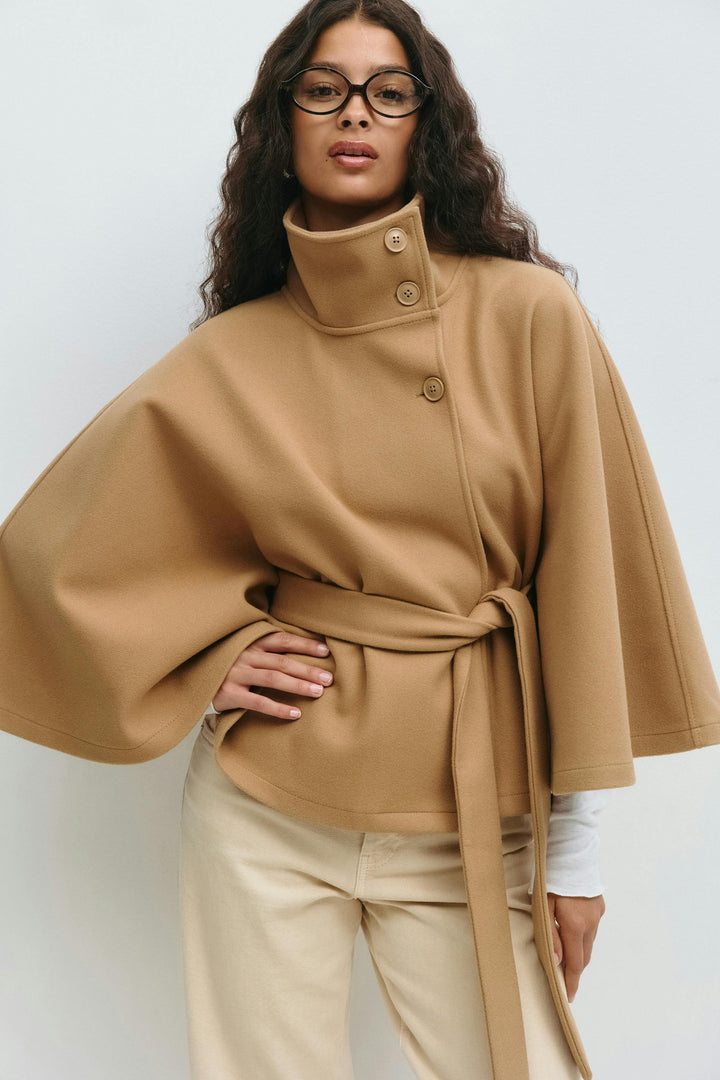 Cape Jas Damen Regular Fit Hoher Kragen Schleifen Gürtel Winter