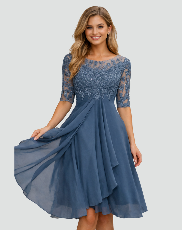 Midi Festkleid Damen Regular Fit Spitze Dreiviertelarm