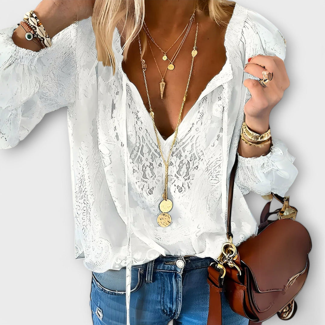 Damen Boho V-Ausschnitt Langarmtop – Entspannt Zarte Textur Sommer