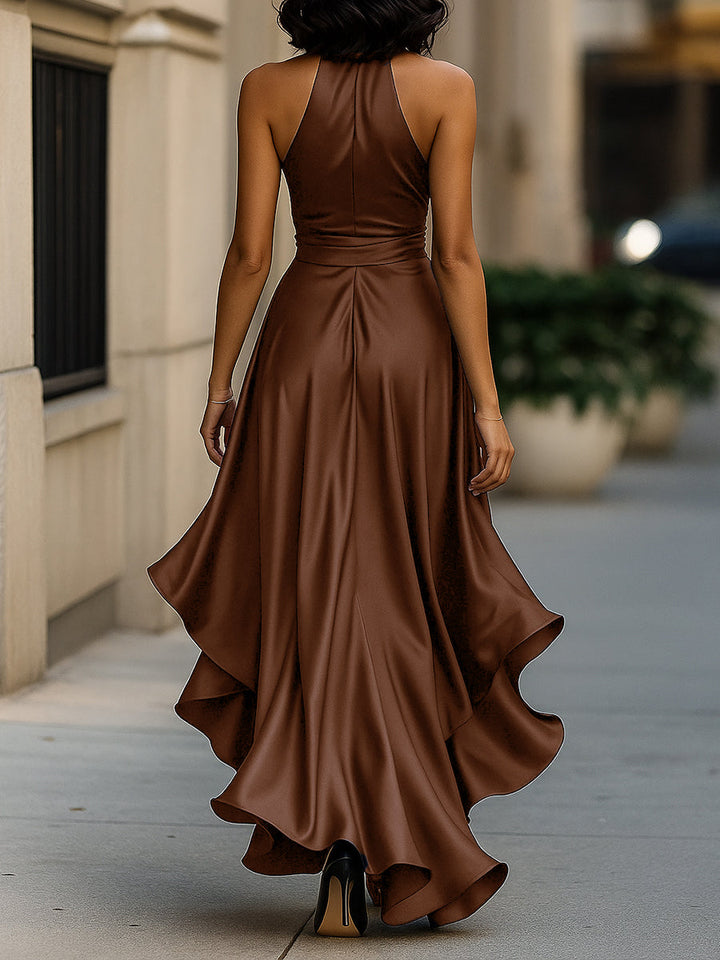 Damen Halter Rüschenkleid – Satin, Abendkleidung, Einfarbiges Design