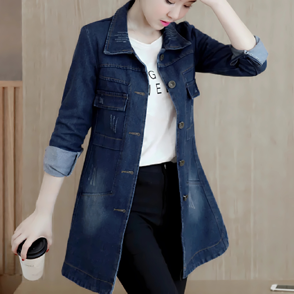 Lange Jeansjacke für Frauen mit Stickdetails