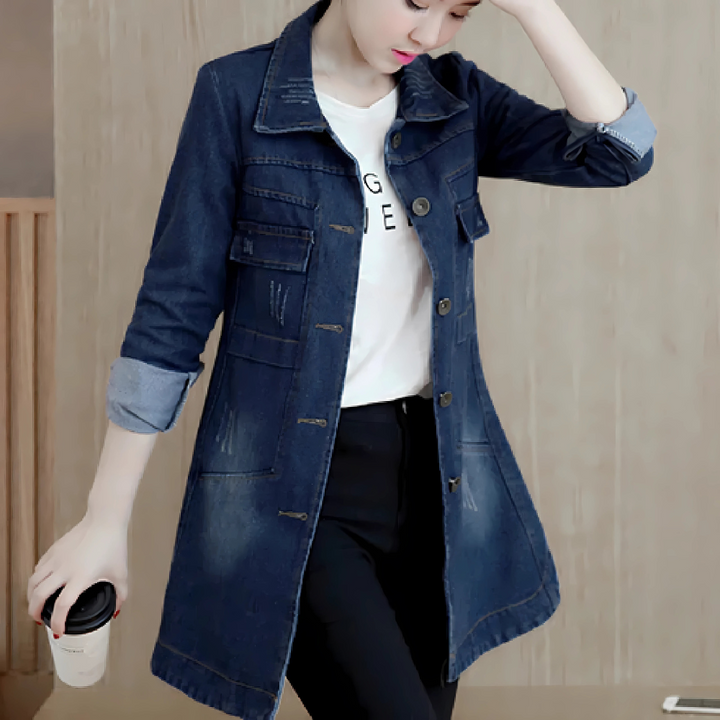 Lange Jeansjacke für Frauen mit Stickdetails