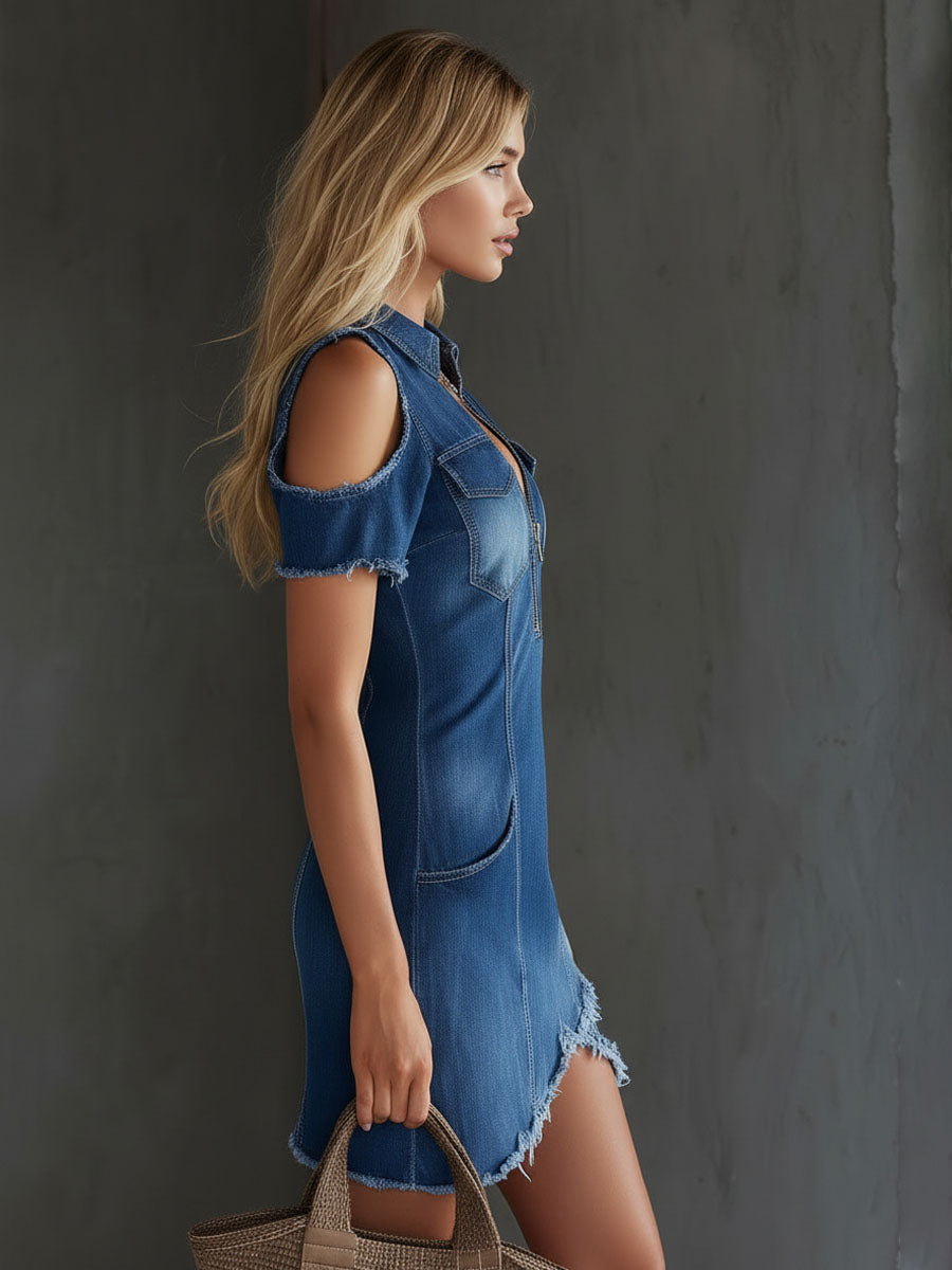 Lapel Collar Zip-Up Double-Pocket Off-the-Shoulder Denim Mini Dress