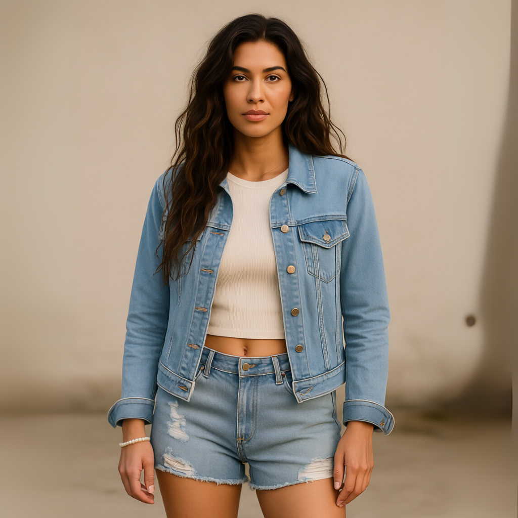 Basic taillierte Stretch-Jeansjacke mit Knopfleiste und langen Ärmeln