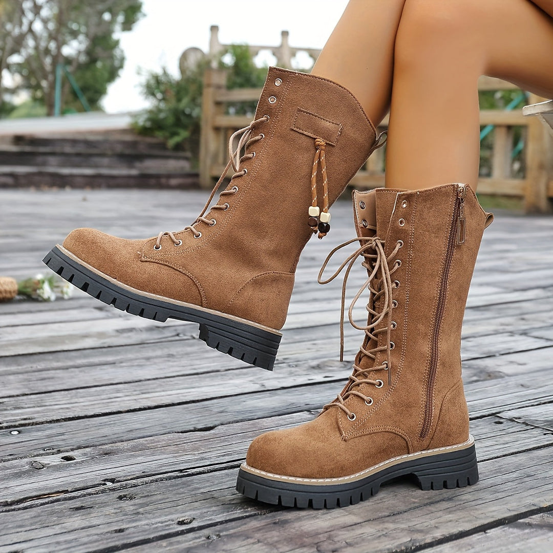 Damen Schnürstiefeletten knöchelhoch mit Profilsohle und Reißverschluss, braun