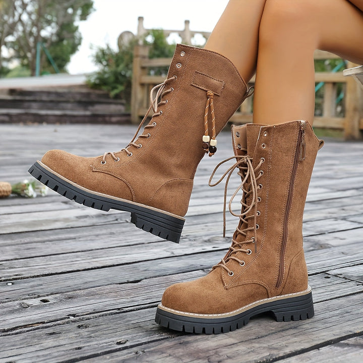 Damen Schnürstiefeletten knöchelhoch mit Profilsohle und Reißverschluss, braun