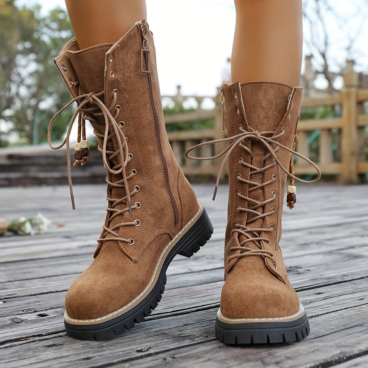 Damen Schnürstiefeletten knöchelhoch mit Profilsohle und Reißverschluss, braun