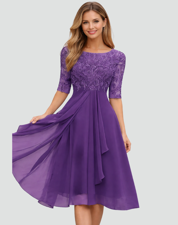 Midi Festkleid Damen Regular Fit Spitze Dreiviertelarm