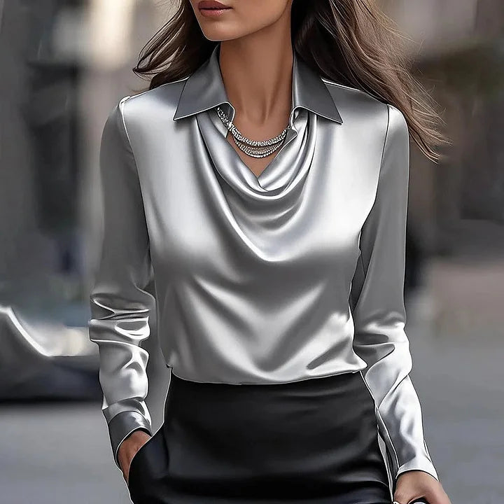 Damen Glänzende Bluse mit V-Ausschnitt und kurzen Ärmeln