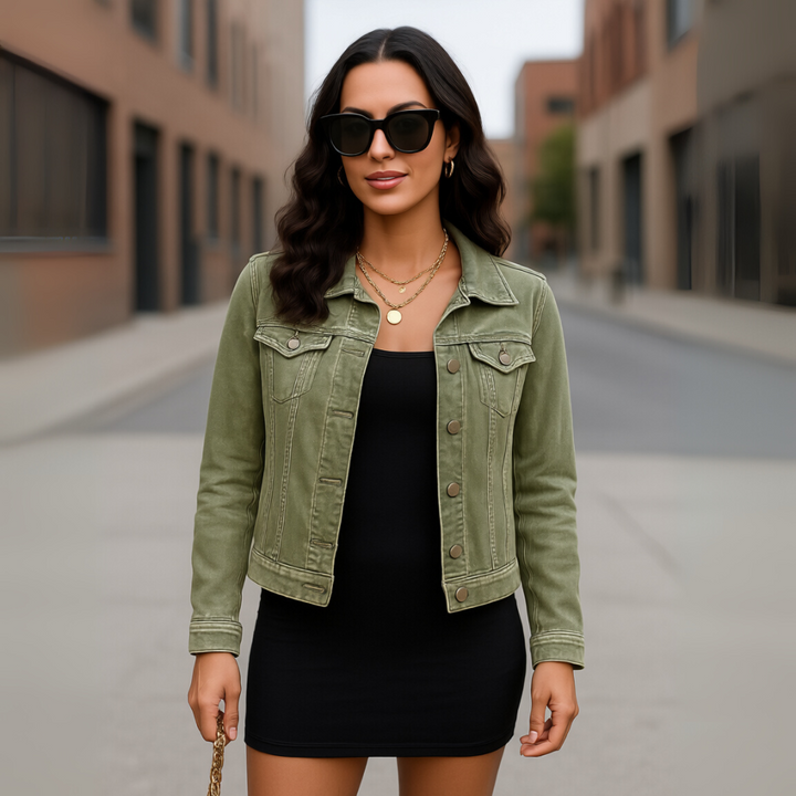 Basic taillierte Stretch-Jeansjacke mit Knopfleiste und langen Ärmeln