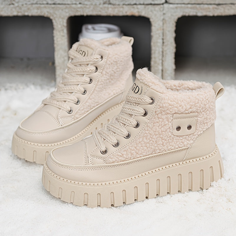 Damen Plateau Stiefel mit Teddyfutter, Schnürung und Profilsohle