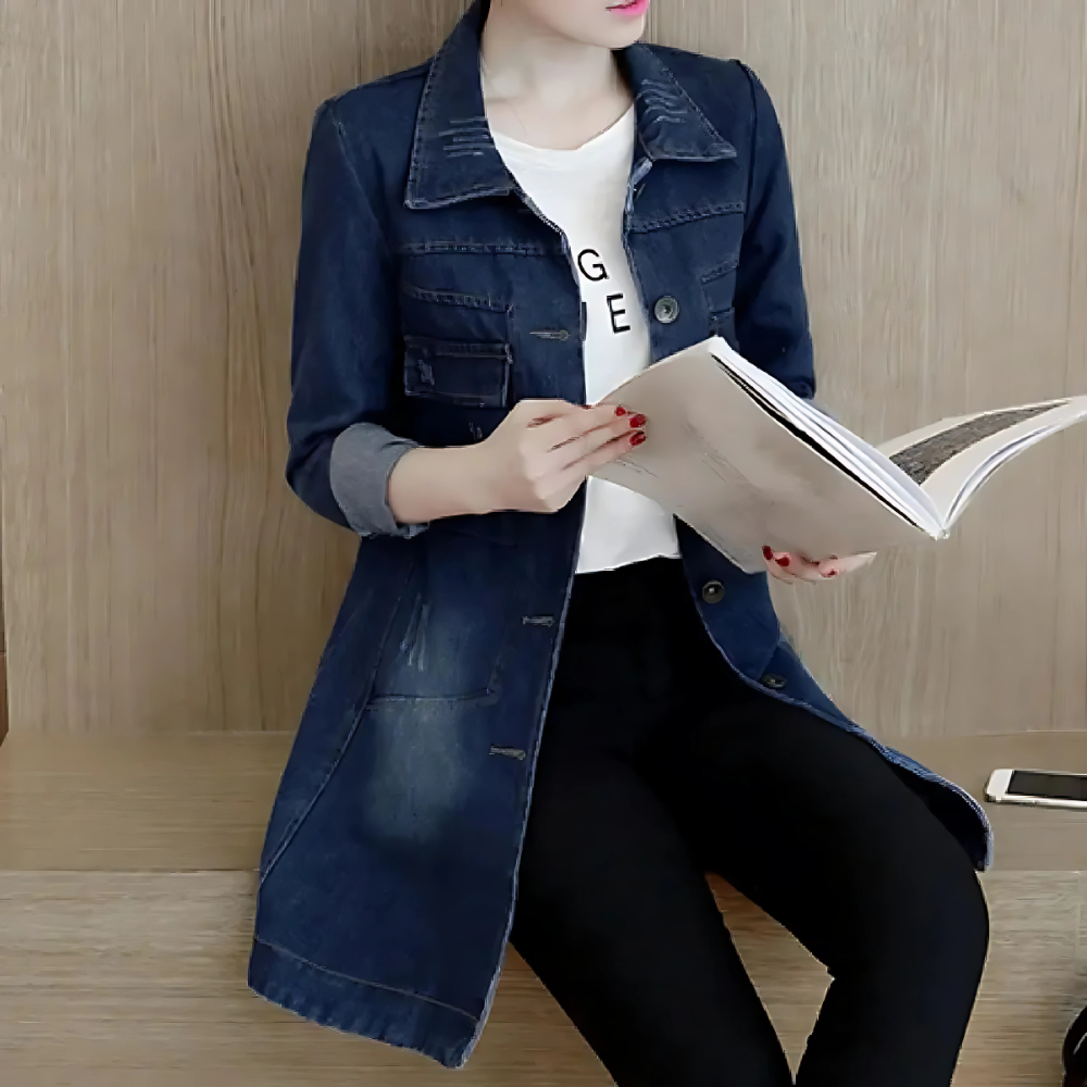 Lange Jeansjacke für Frauen mit Stickdetails