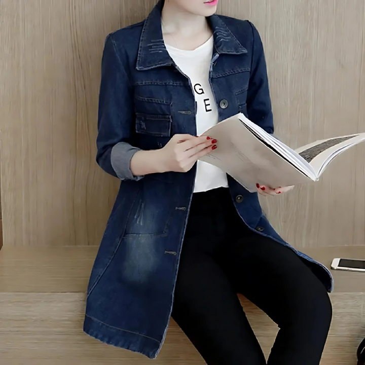 Lange Jeansjacke für Frauen mit Stickdetails
