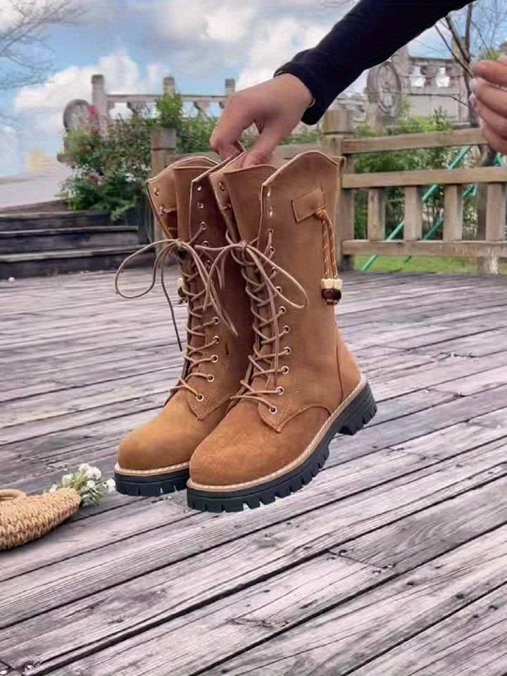 Damen Schnürstiefeletten knöchelhoch mit Profilsohle und Reißverschluss, braun