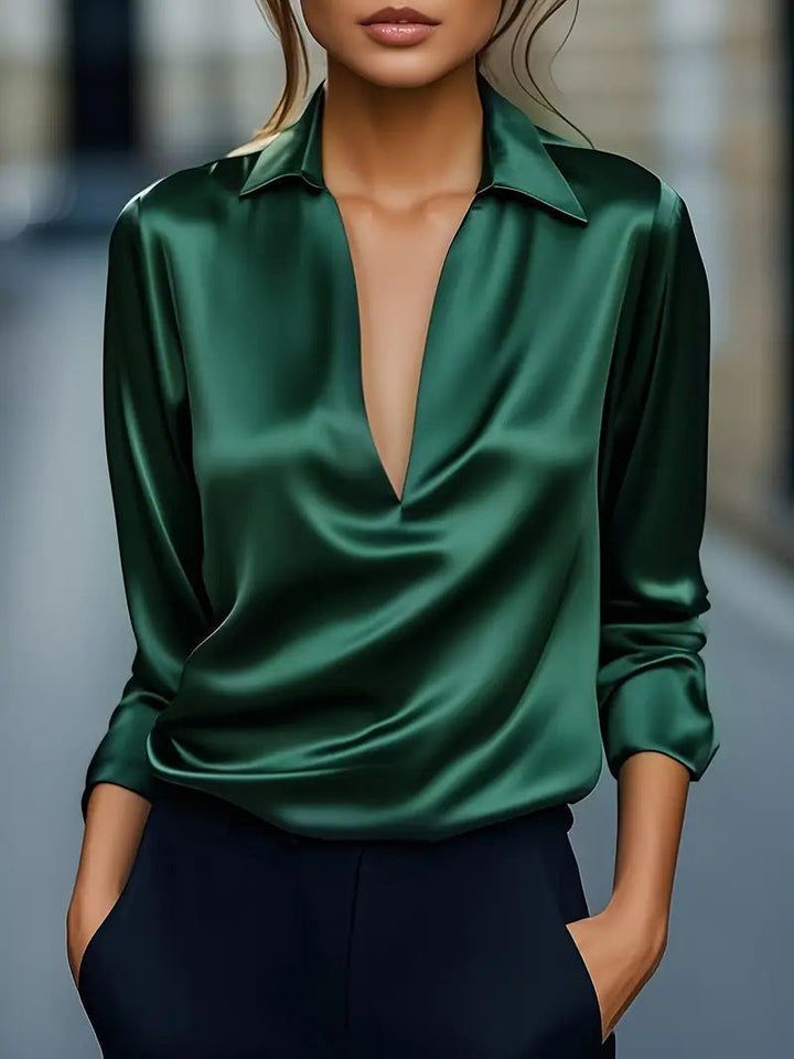 Damen Stilvolle Vielseitige Satin-Look Bluse mit V-Ausschnitt | Havanna