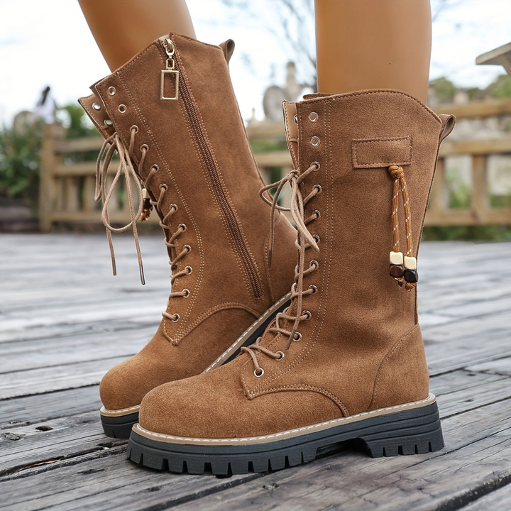 Damen Schnürstiefeletten knöchelhoch mit Profilsohle und Reißverschluss, braun