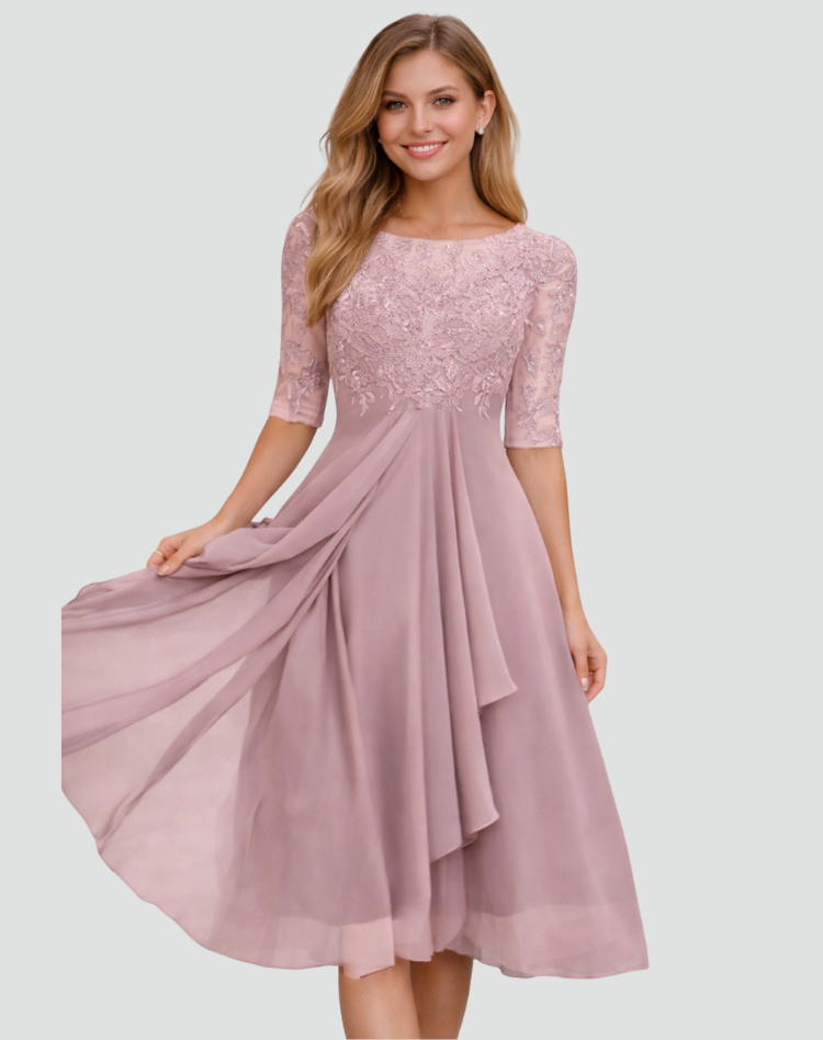 Midi Festkleid Damen Regular Fit Spitze Dreiviertelarm