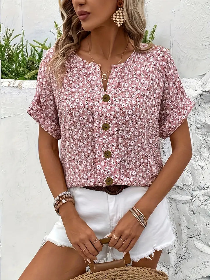 Damen Bluse mit floralem Druck und kurzen Ärmeln aus leichtem Stoff