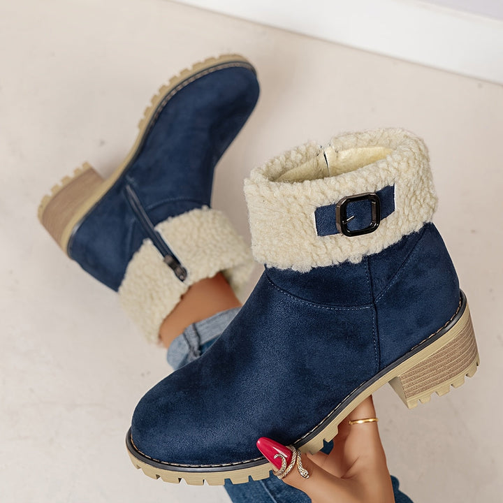 Damen Stiefeletten mit Schnalle, Teddyfellrand und Profilsohle