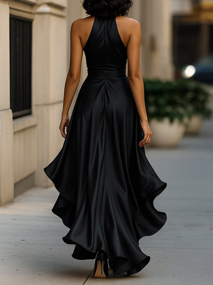 Damen Halter Rüschenkleid – Satin, Abendkleidung, Einfarbiges Design