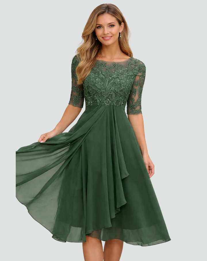Midi Festkleid Damen Regular Fit Spitze Dreiviertelarm