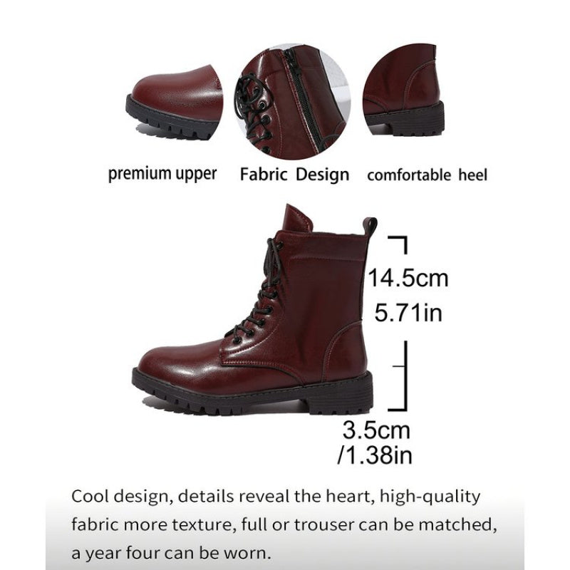 Damen Worker Boots Schnürstiefel Stiefeletten Bordeaux Rot mit Reißverschluss