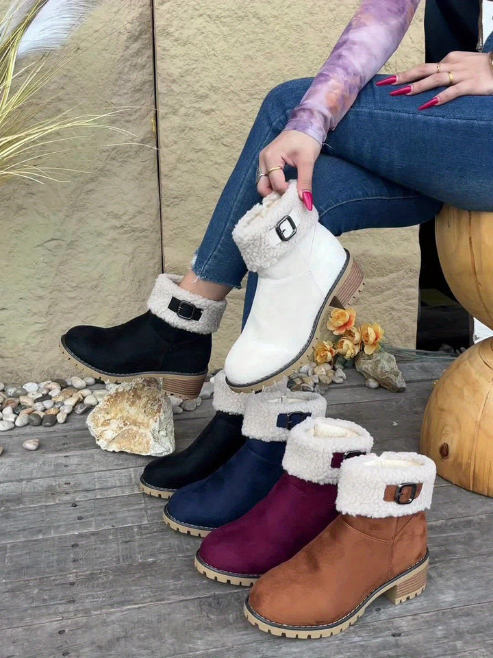 Damen Stiefeletten mit Schnalle, Teddyfellrand und Profilsohle