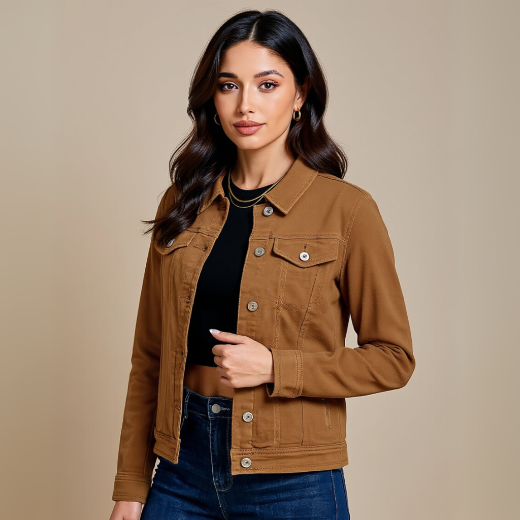 Basic taillierte Stretch-Jeansjacke mit Knopfleiste und langen Ärmeln