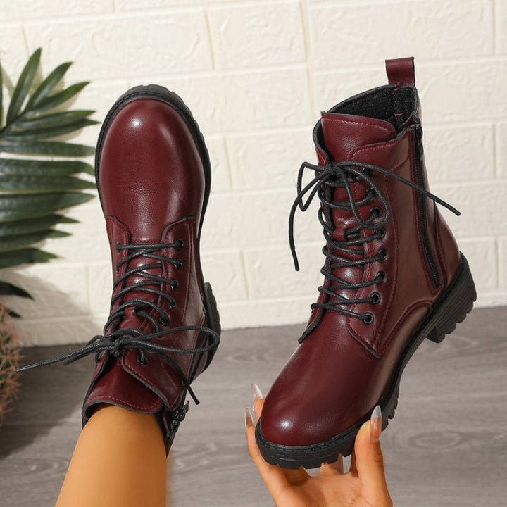 Damen Worker Boots Schnürstiefel Stiefeletten Bordeaux Rot mit Reißverschluss