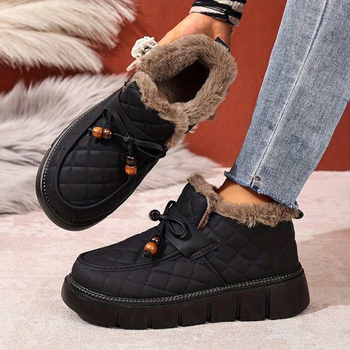 Damen Winter-Ankle Boots mit gepolstertem Design, Plateausohle, Kunstfellfutter, Zierperlen und Schnürung