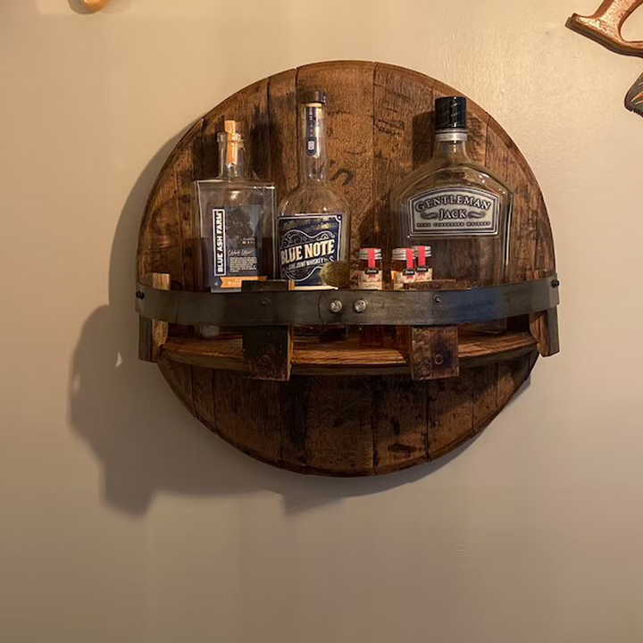 Sandsberg | Whiskey Barrel Wall Shelf | Rustic Solid Wood Design | Round