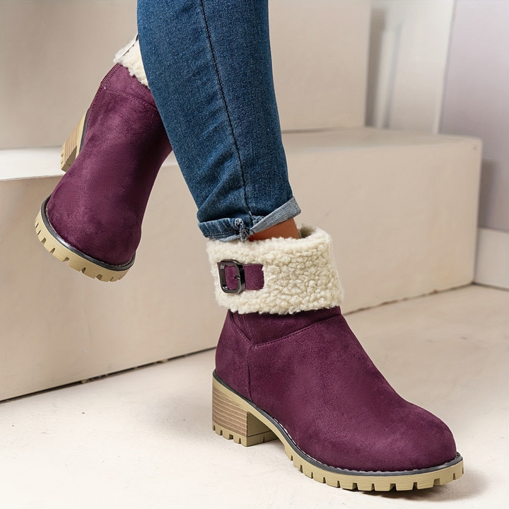 Damen Stiefeletten mit Schnalle, Teddyfellrand und Profilsohle