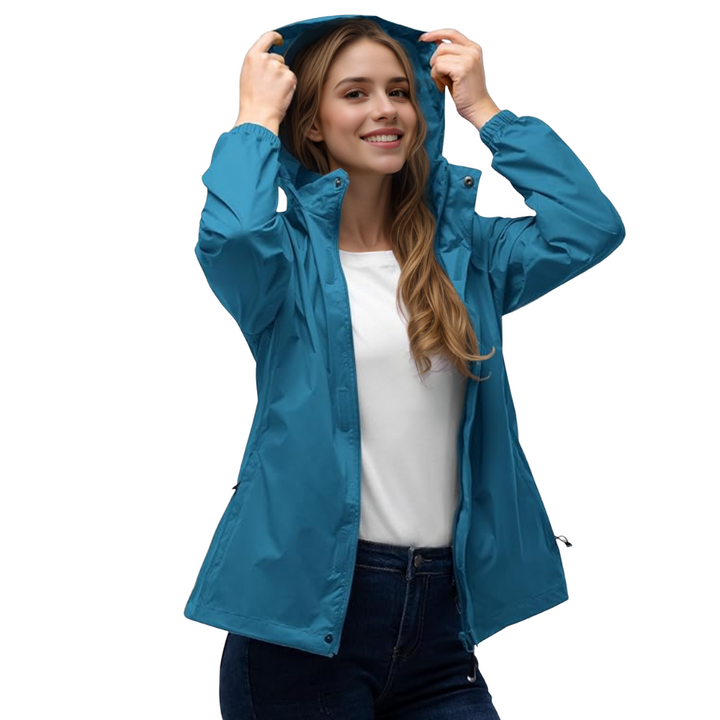 Damen wasserdichte packbare Regenjacke mit Kapuze für Reisen