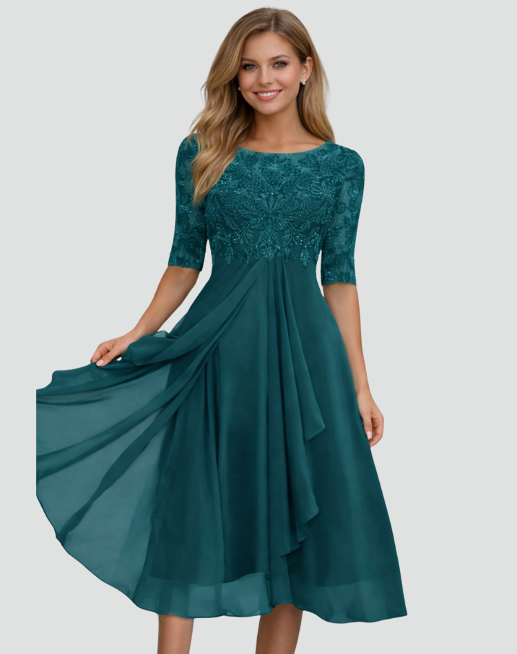 Midi Festkleid Damen Regular Fit Spitze Dreiviertelarm