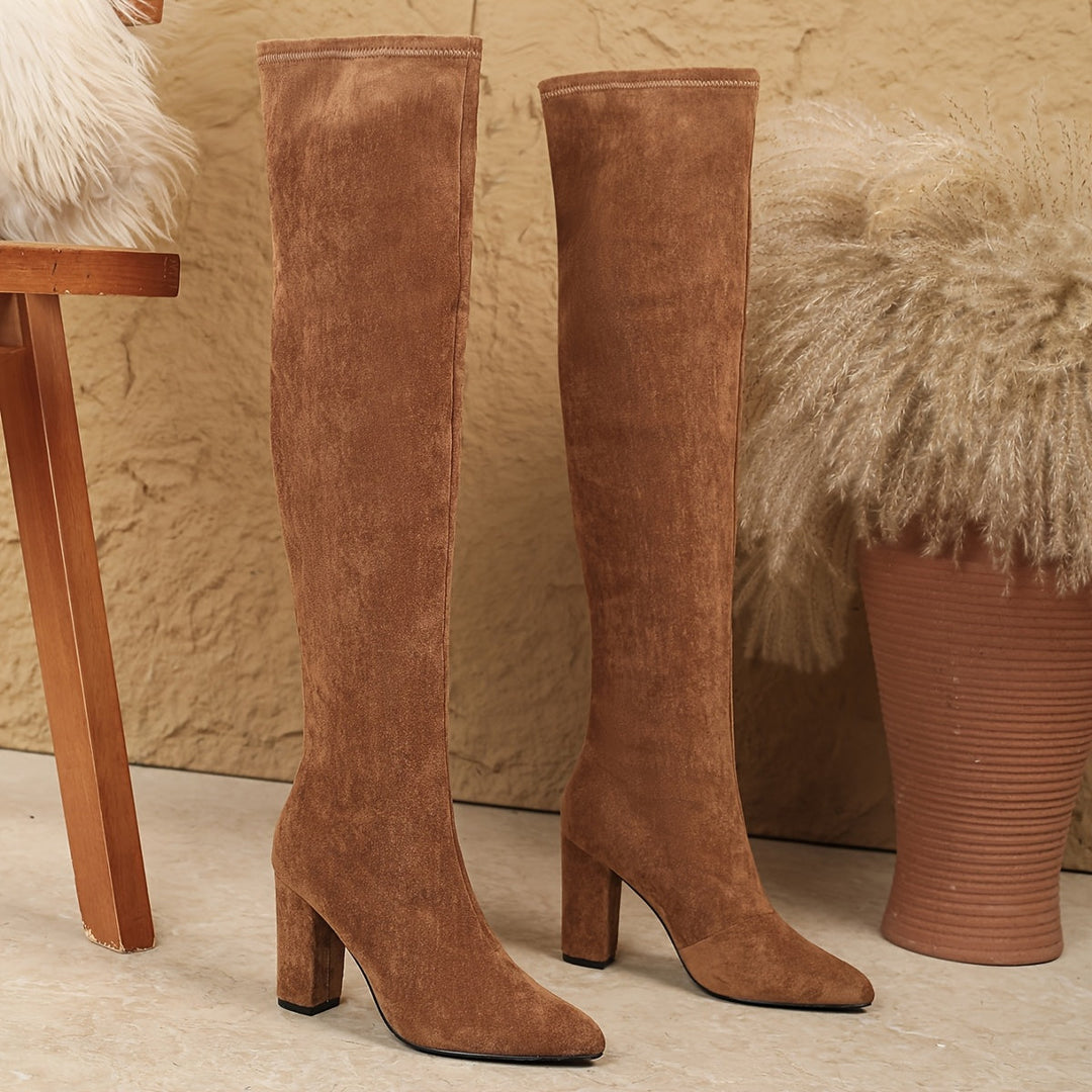 Damen Overknee Stiefel Braun Blockabsatz Spitz zulaufend Wildleder-Optik