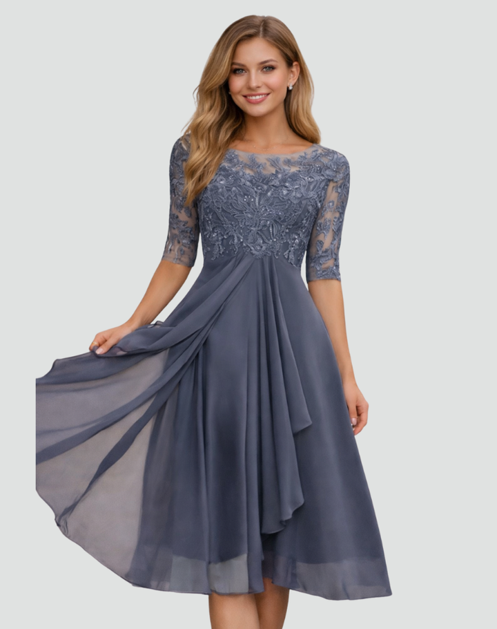 Midi Festkleid Damen Regular Fit Spitze Dreiviertelarm