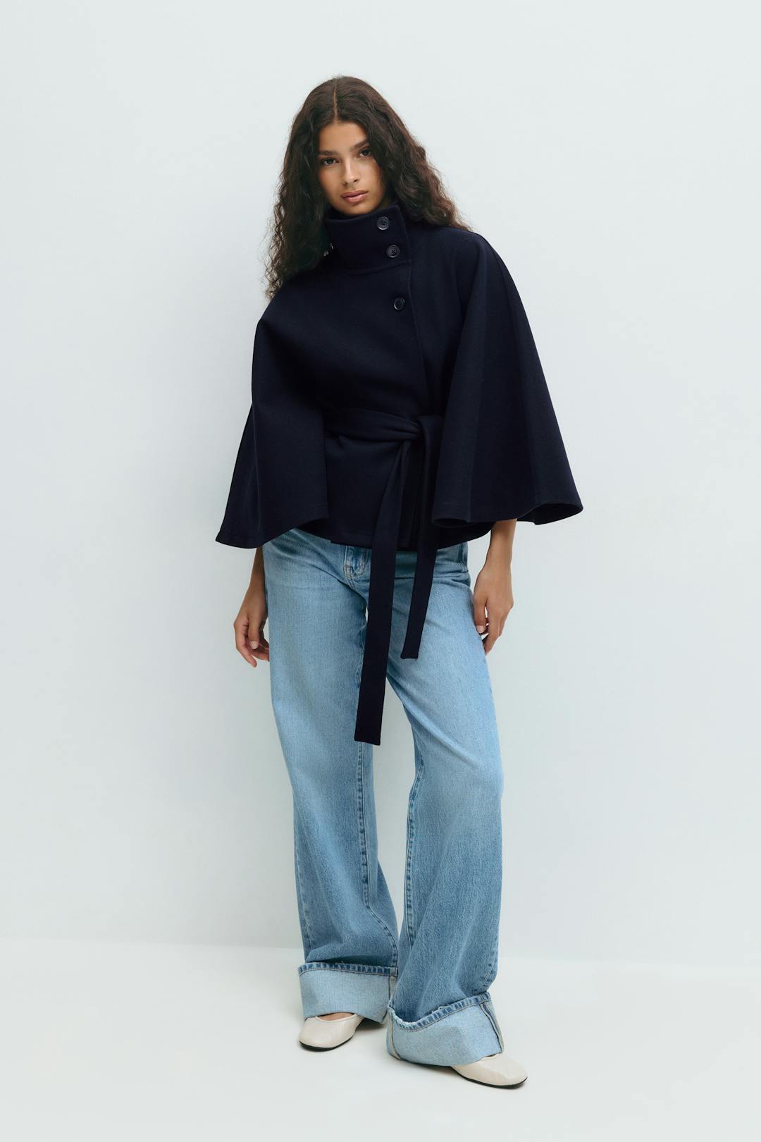 Cape Jas Damen Regular Fit Hoher Kragen Schleifen Gürtel Winter