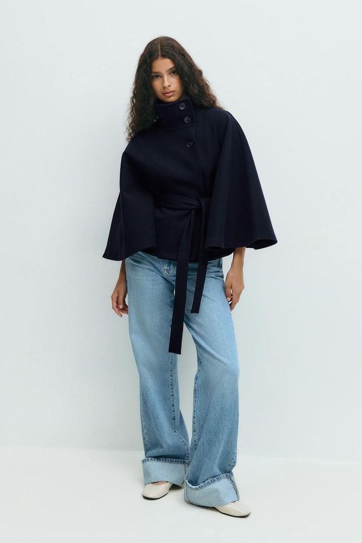 Cape Jas Damen Regular Fit Hoher Kragen Schleifen Gürtel Winter