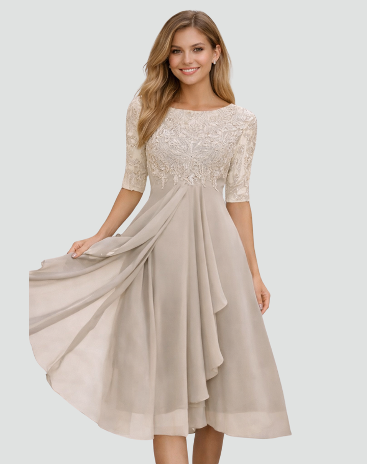 Midi Festkleid Damen Regular Fit Spitze Dreiviertelarm