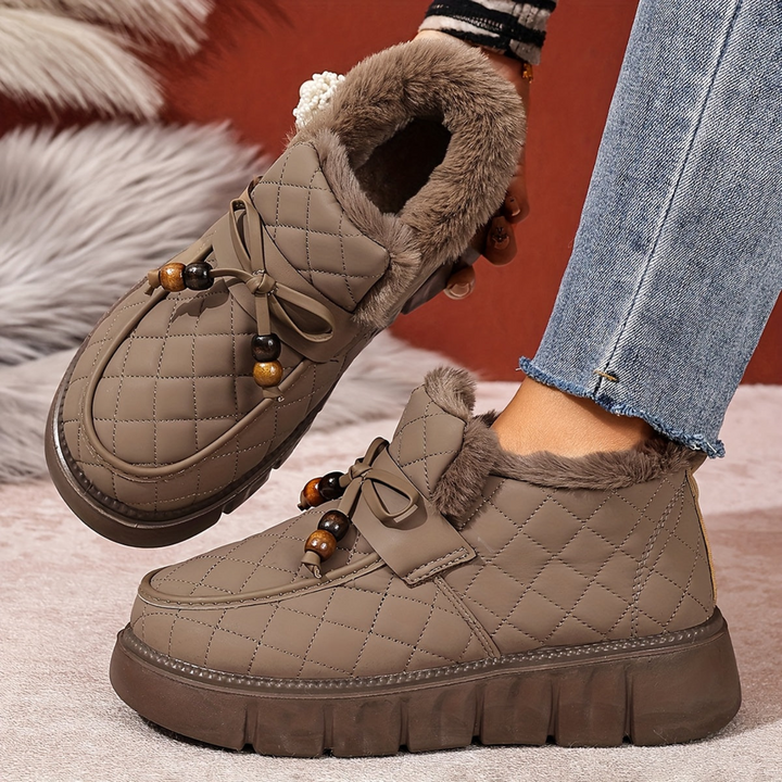 Damen Winter-Ankle Boots mit gepolstertem Design, Plateausohle, Kunstfellfutter, Zierperlen und Schnürung