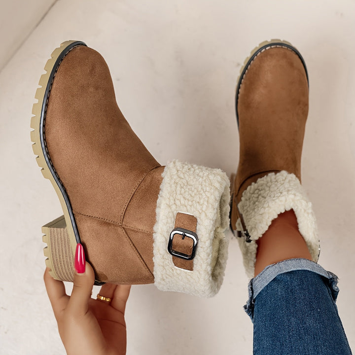 Damen Stiefeletten mit Schnalle, Teddyfellrand und Profilsohle