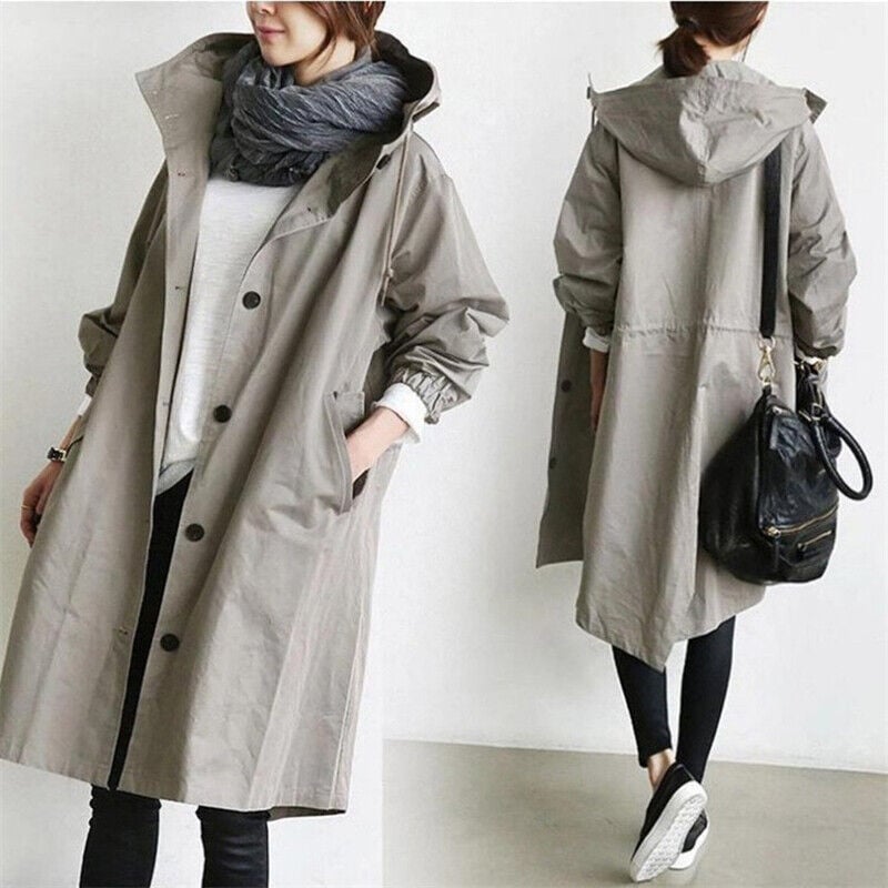 Damen Wasserfester Regen Trenchcoat mit Kapuze – Übergangsjacke für Frühling und Herbst