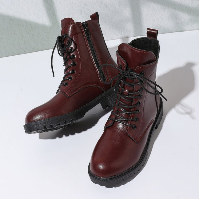 Damen Worker Boots Schnürstiefel Stiefeletten Bordeaux Rot mit Reißverschluss
