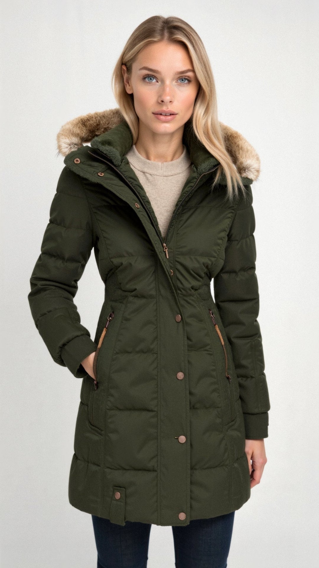 Damen Kapuzen-Pufferjacke – Mittellanger Wintermantel