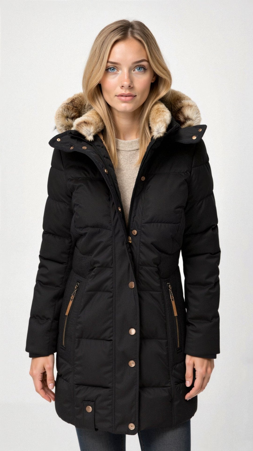 Damen Kapuzen-Pufferjacke – Mittellanger Wintermantel